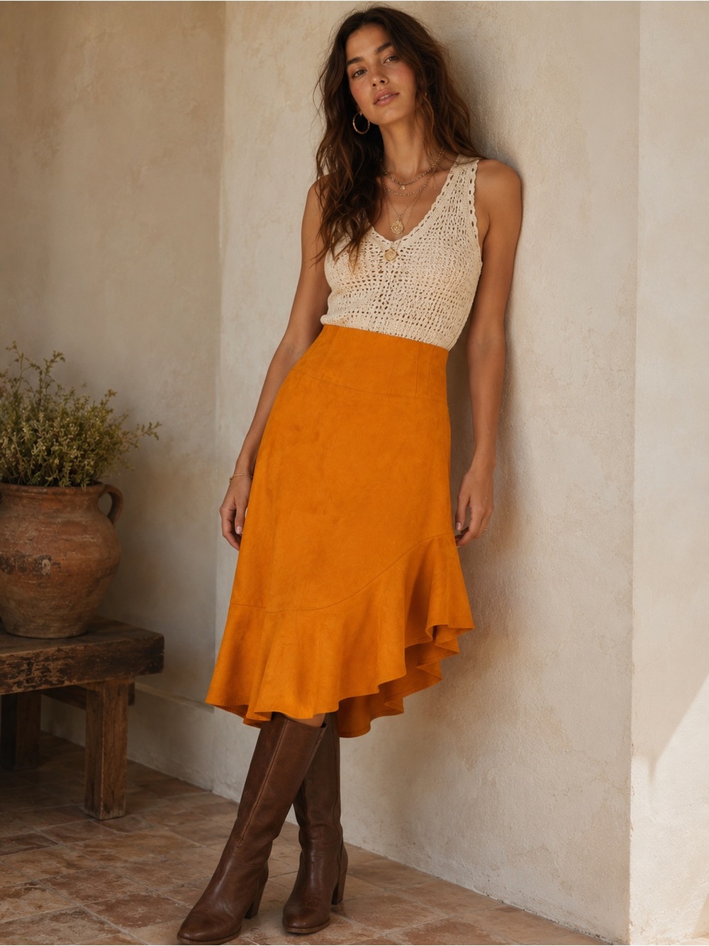 ANTHROPOLOGIE Cosima Yellow Faux Suede Midi Skirt Size 6